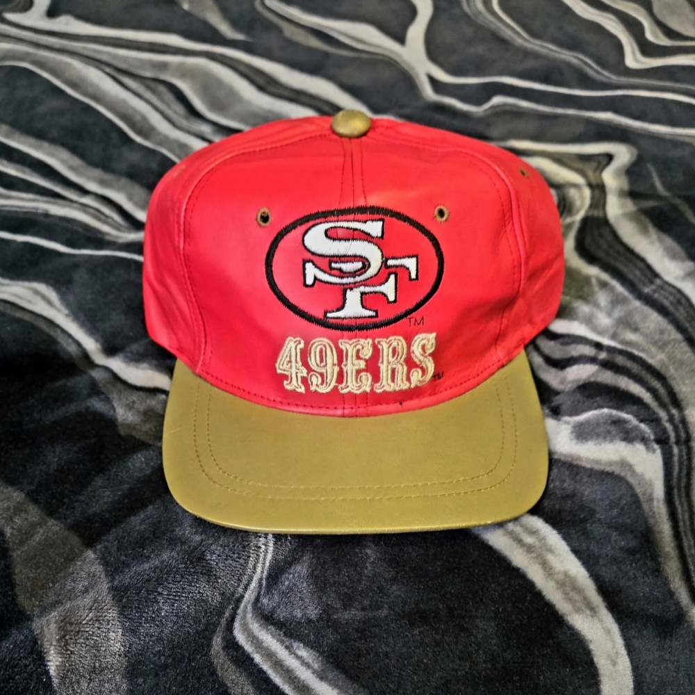 Vintage SF 49ers Leather Snapback Hat Red Gold Leathers by Universal NWOT